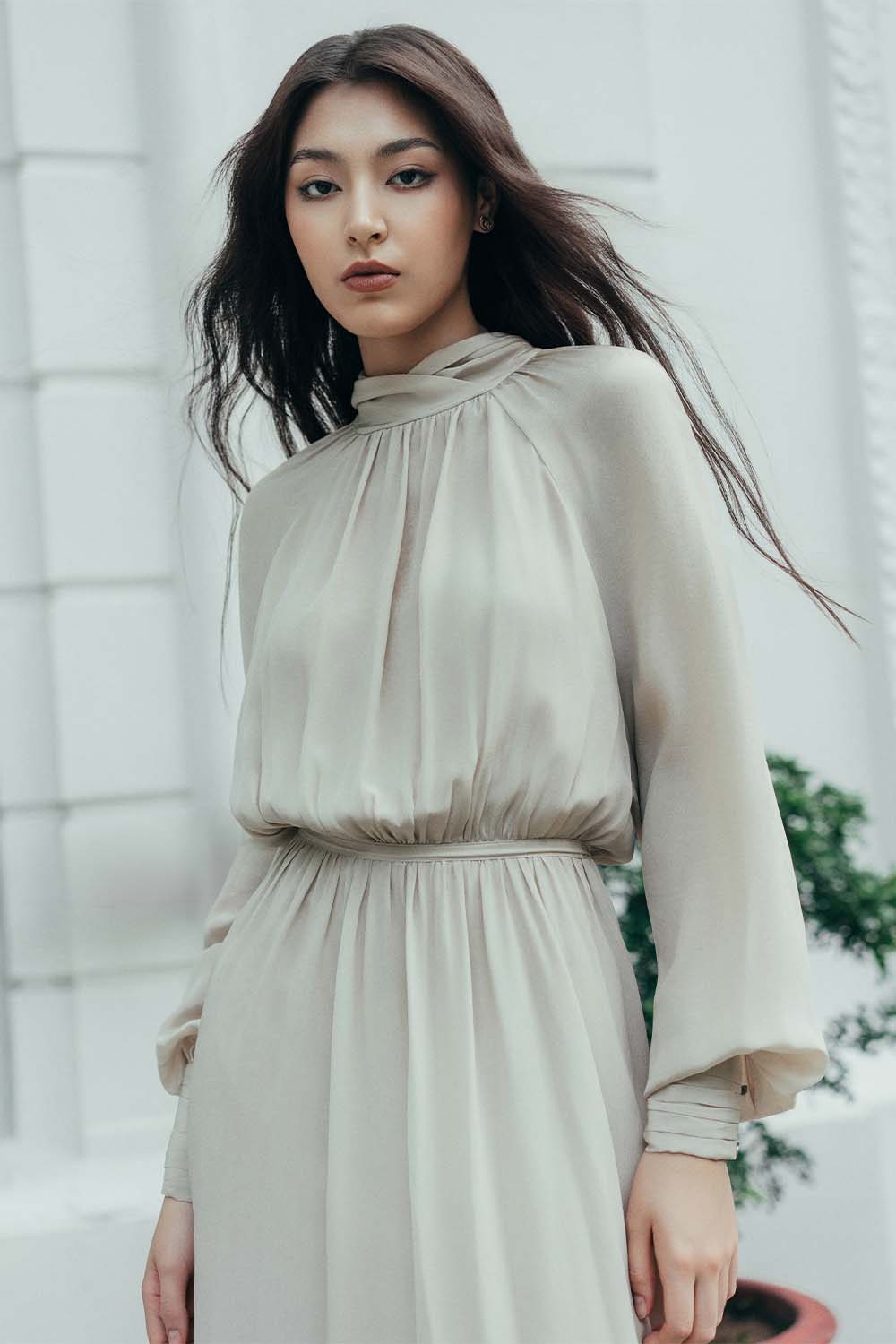 Palma Blouson Cuff Sleeved Crepe De Chine Midi Dress