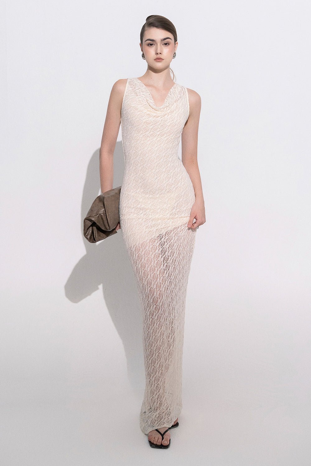 Eleni Sheath Cowl Neck Lace Maxi Dress