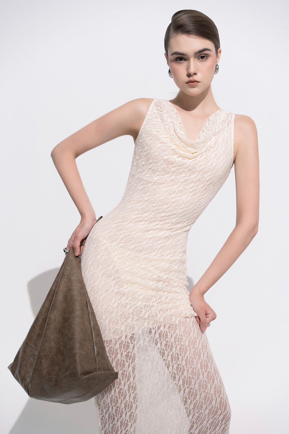 Eleni Sheath Cowl Neck Lace Maxi Dress