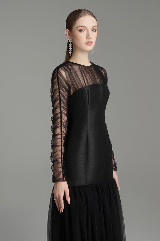 Morela Drop Waist See-Through Tulle Floor Length Dress