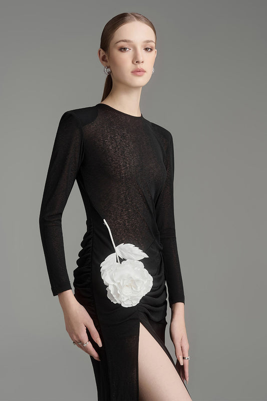 Caprila Slit Long Sleeved Jersey Floor Length Dress