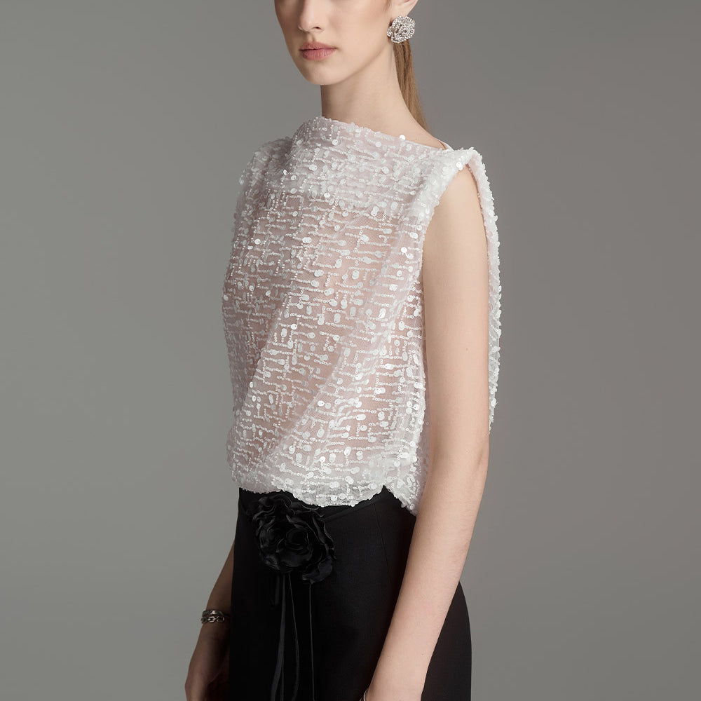 Mercury Straight Boat Neck Tulle Top