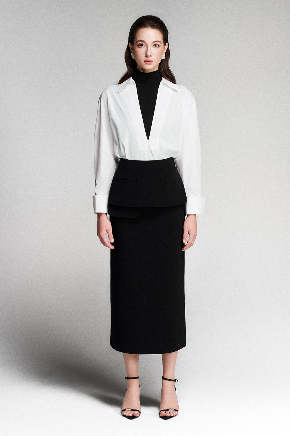 Lilou Peplum Welt Pocket Twill Midi Skirt