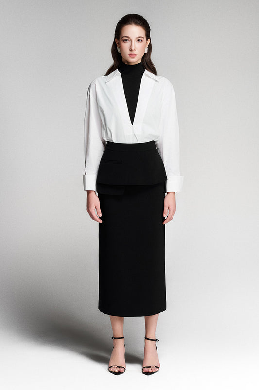 Lilou Peplum Welt Pocket Twill Midi Skirt