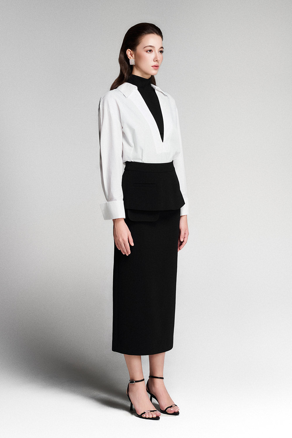 Lilou Peplum Welt Pocket Twill Midi Skirt