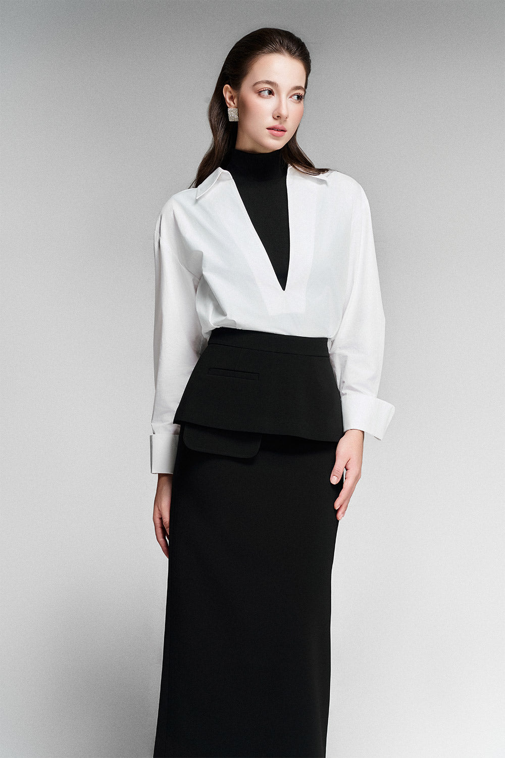 Lilou Peplum Welt Pocket Twill Midi Skirt