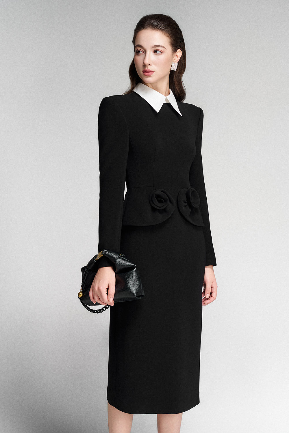 Sylvie Peplum Collared Neck Twill Calf Length Dress