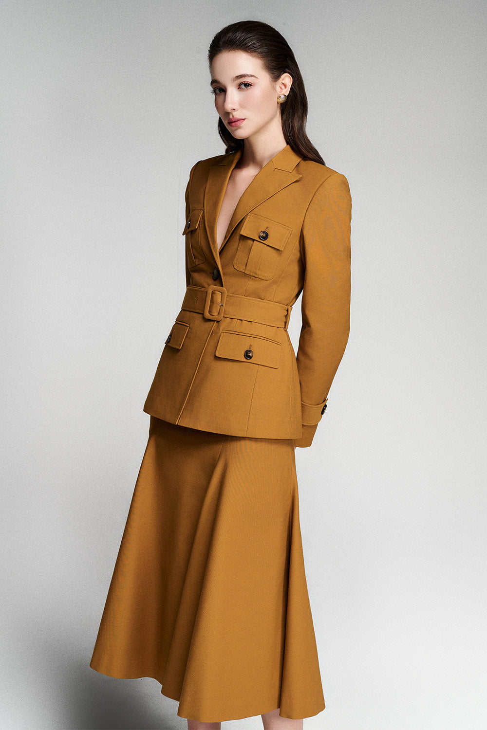 Linnea Gored Basic Khaki Calf Length Skirt