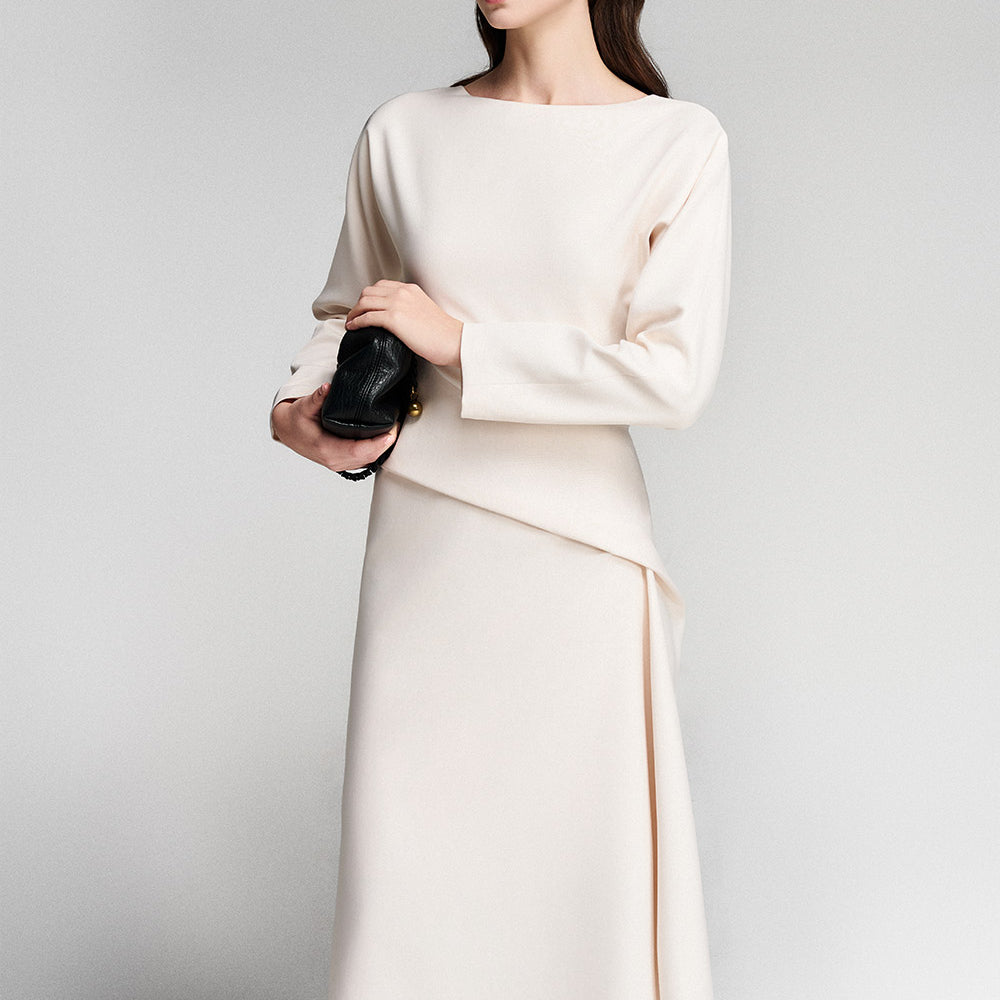 Adaline A-line Boat Neck Twill Midi Dress