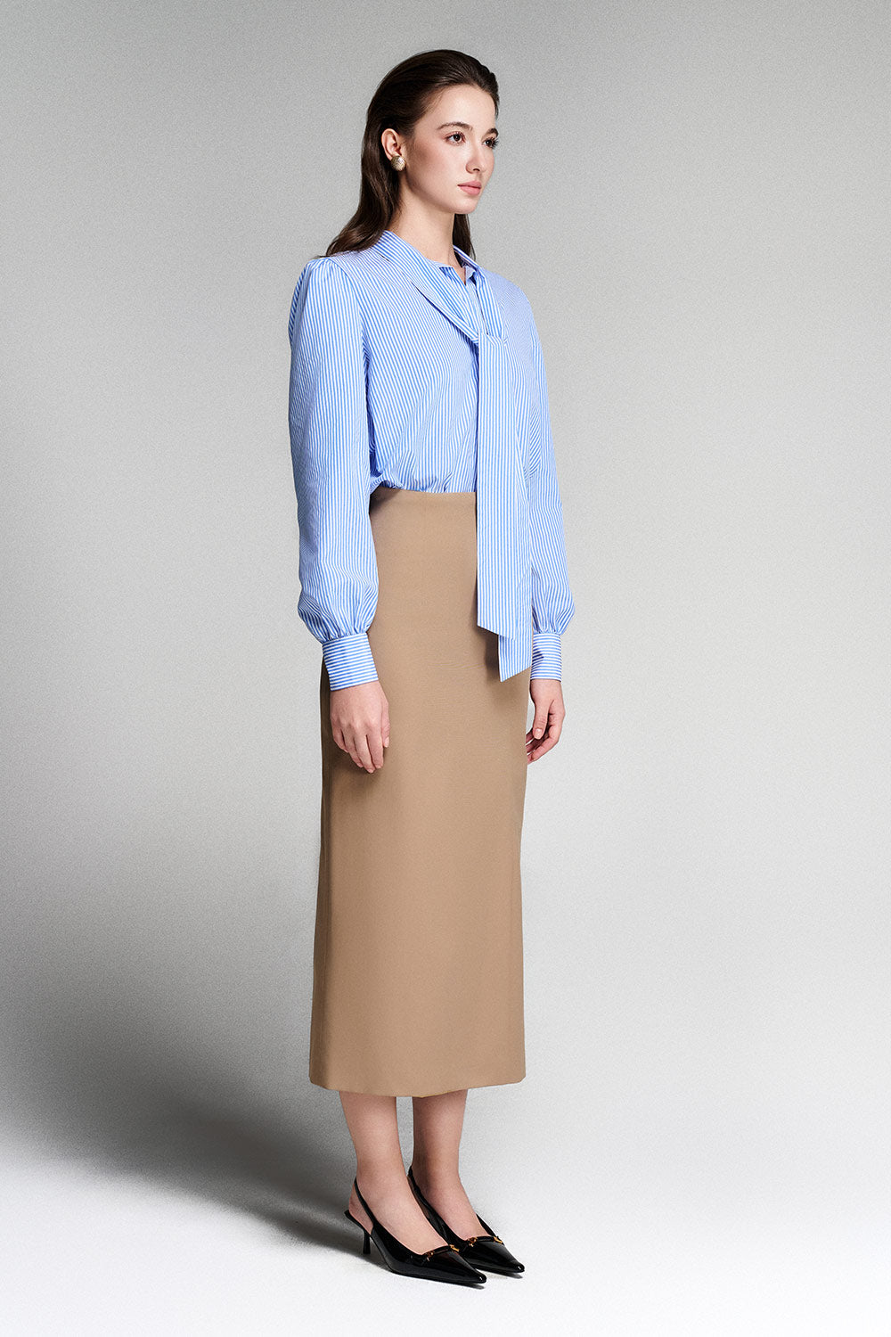 Naila Sheath Side Slit Khaki Midi Skirt