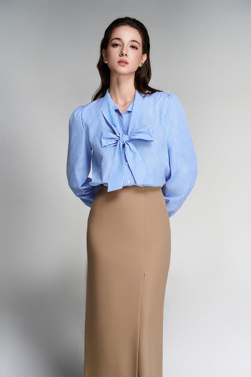 Naila Sheath Side Slit Khaki Midi Skirt