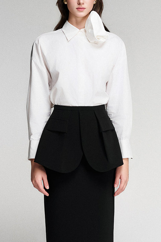 Merrily Peplum Flap Pocket Twill Calf Length Skirt