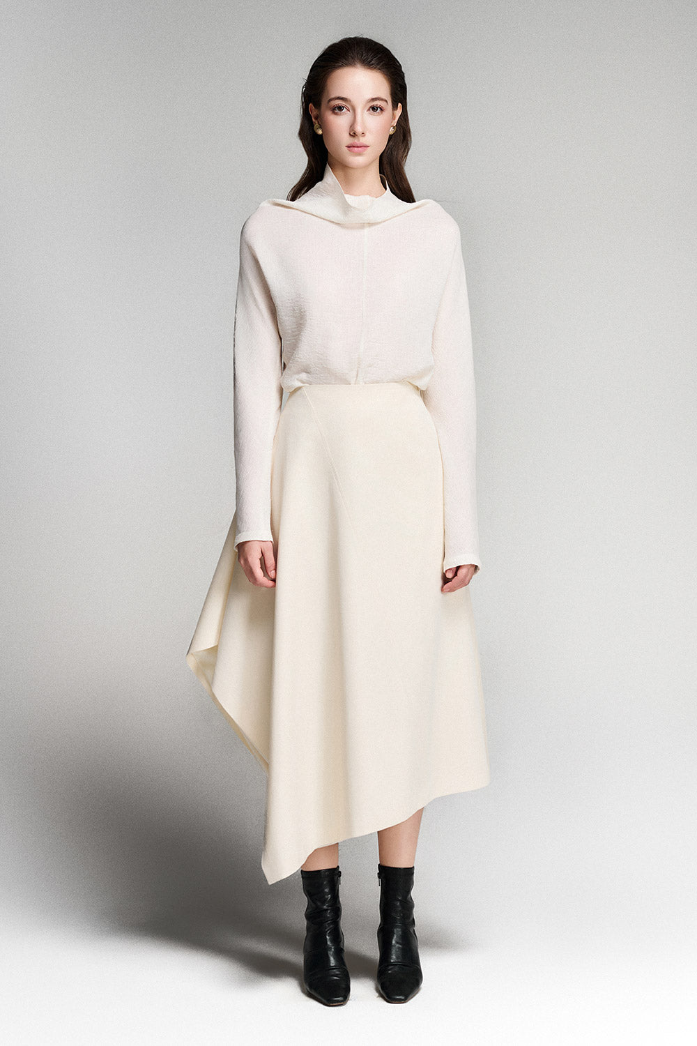 Trudy Asymmetric High Waist Silk Midi Skirt