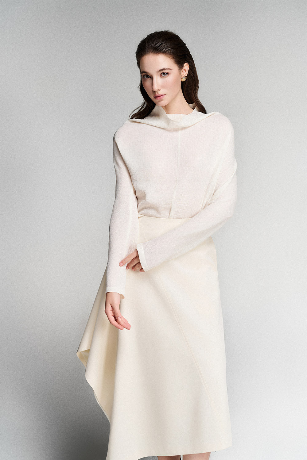 Trudy Asymmetric High Waist Silk Midi Skirt