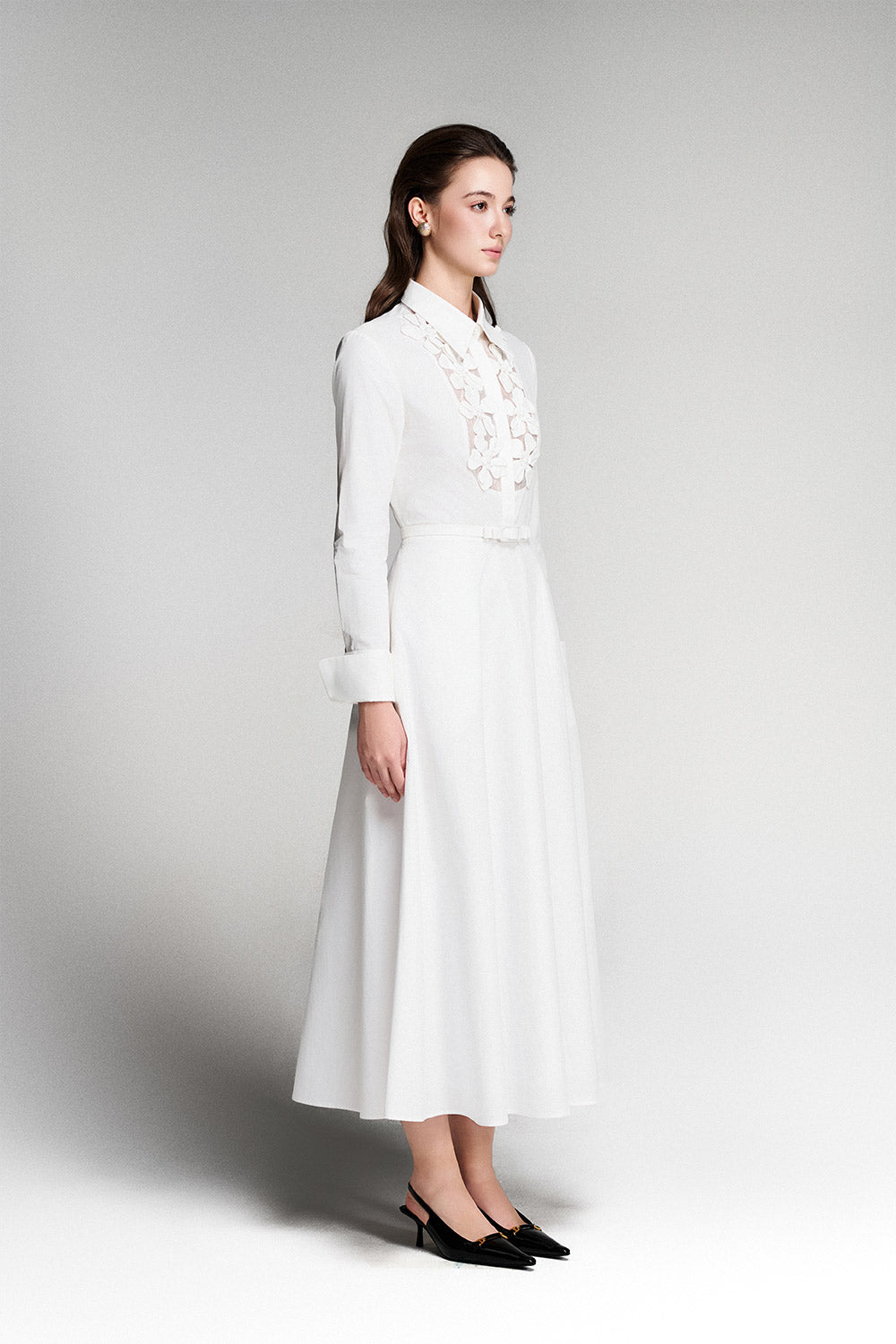 Ivory A-line Flower Applique Cotton Midi Dress