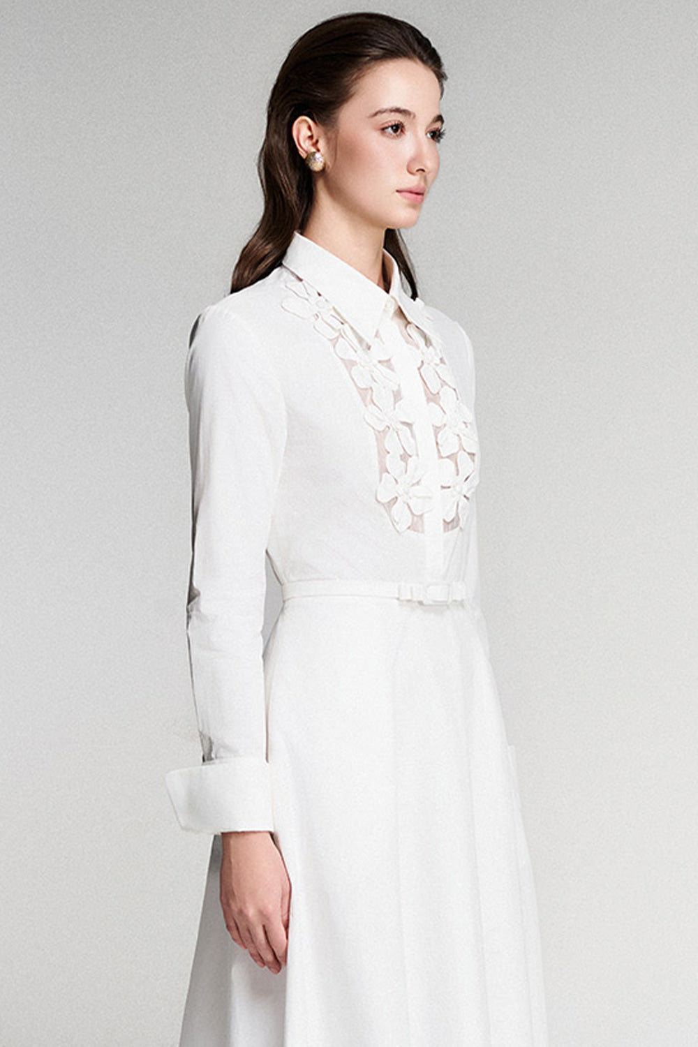 Ivory A-line Flower Applique Cotton Midi Dress