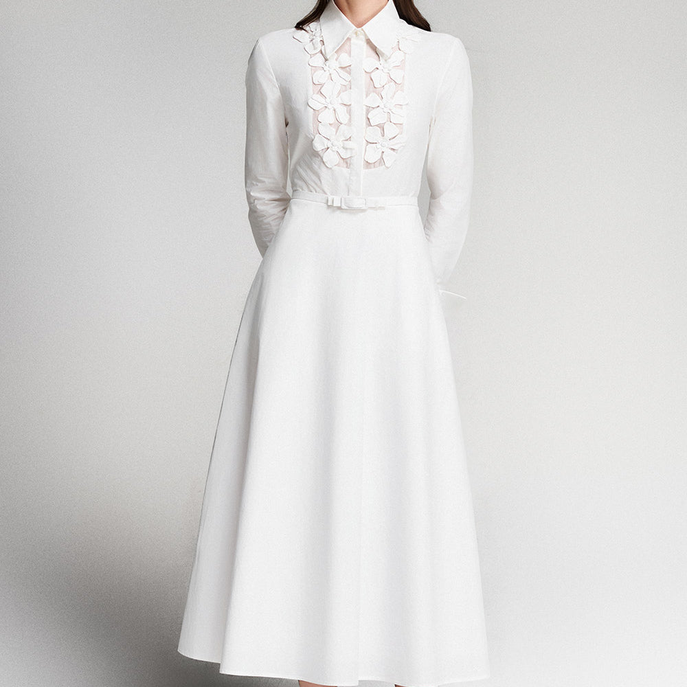 Ivory A-line Flower Applique Cotton Midi Dress