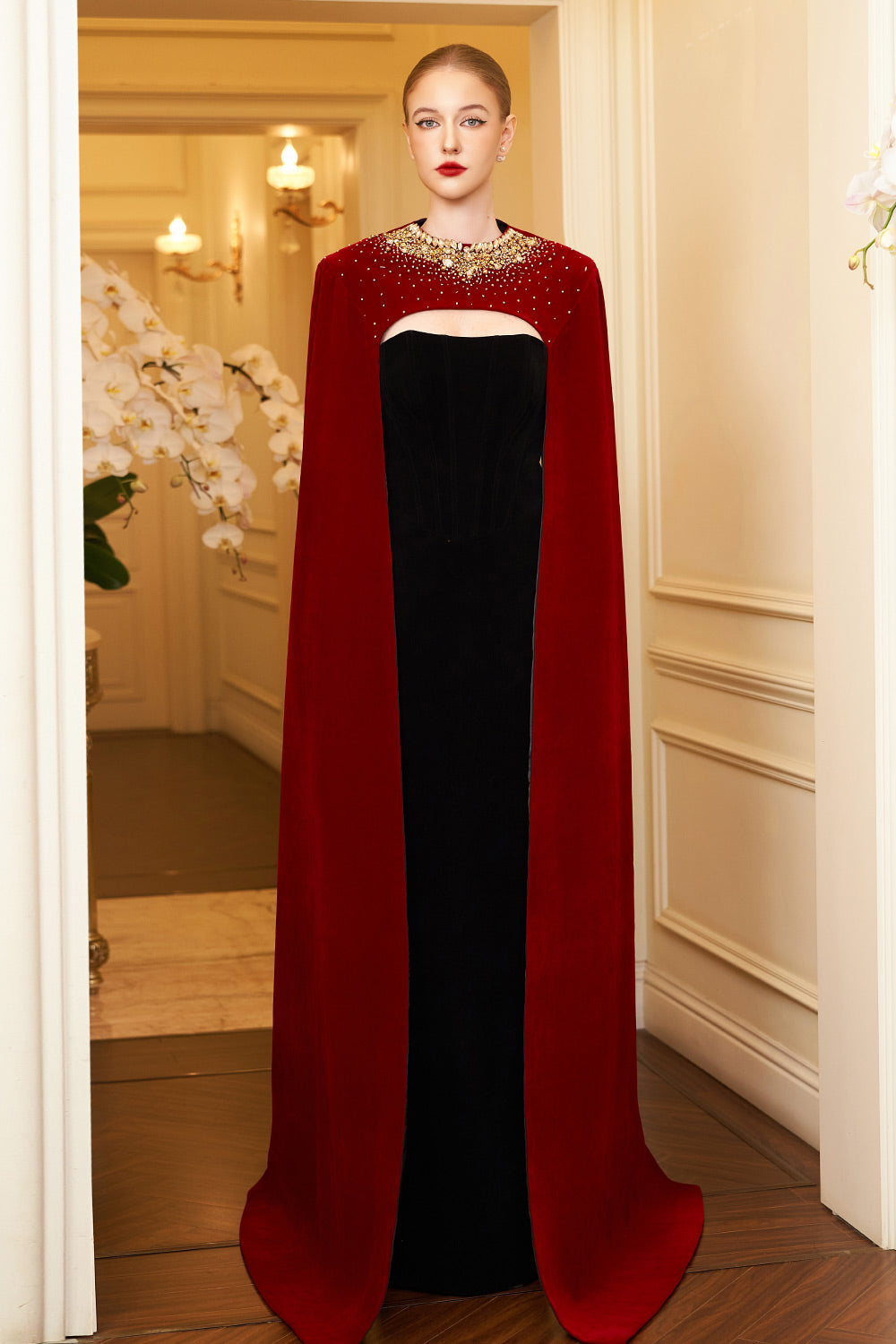 Kallie Sheath Cape Sleeved Velvet Floor Length Set