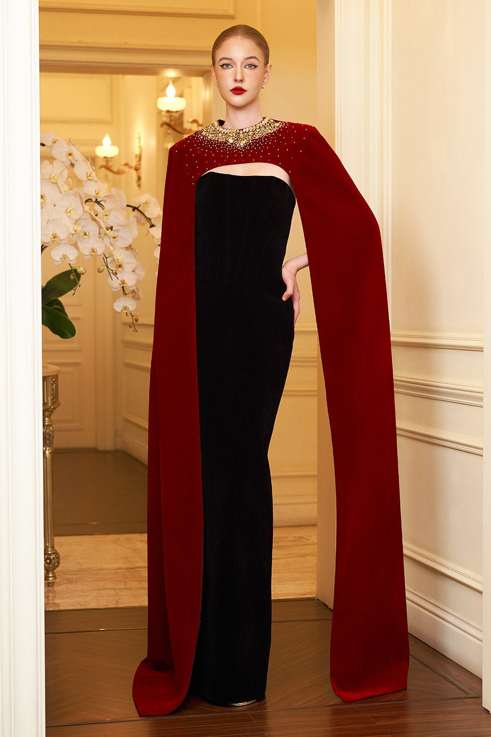 Kallie Sheath Cape Sleeved Velvet Floor Length Set