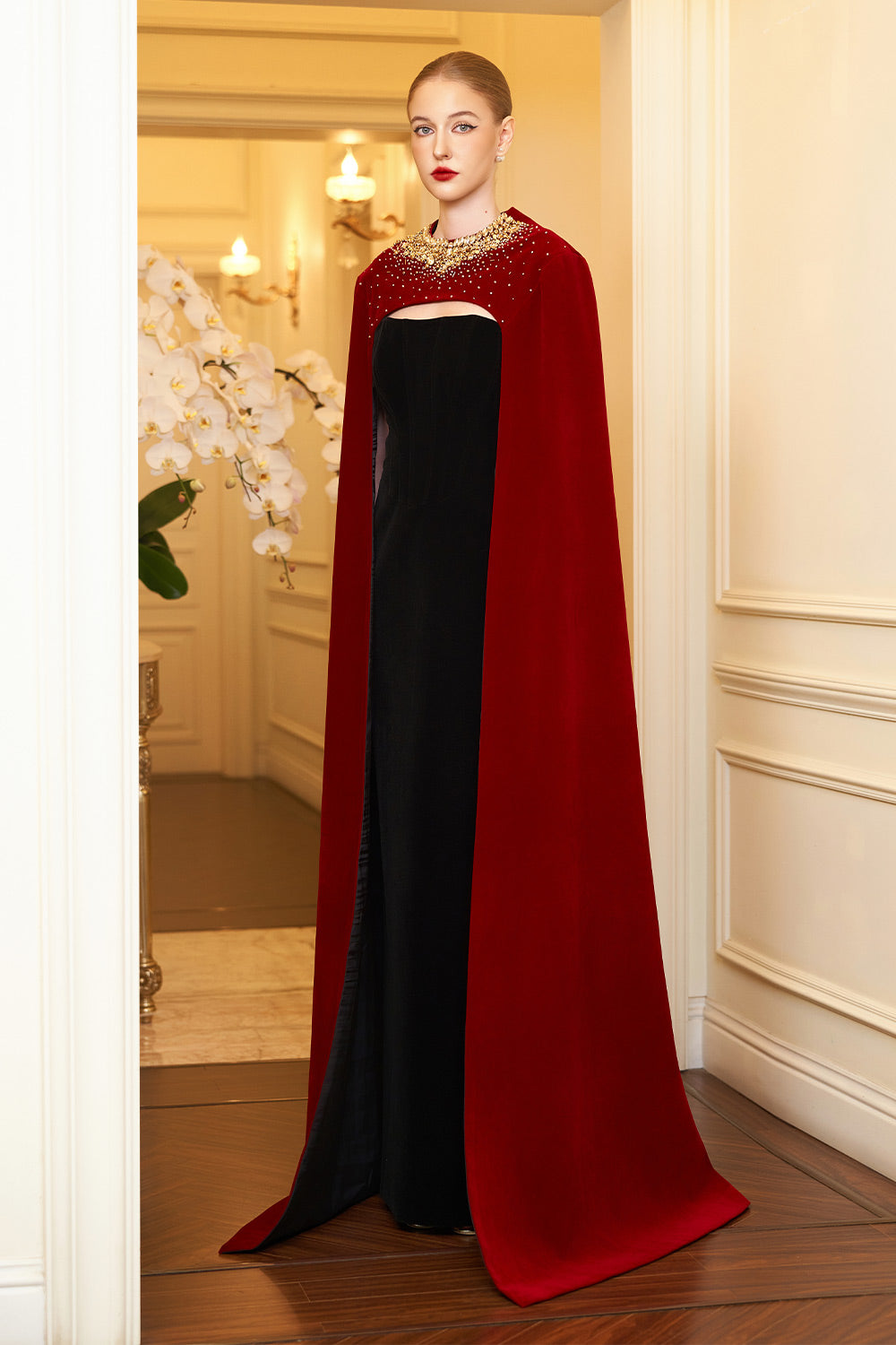 Kallie Sheath Cape Sleeved Velvet Floor Length Set