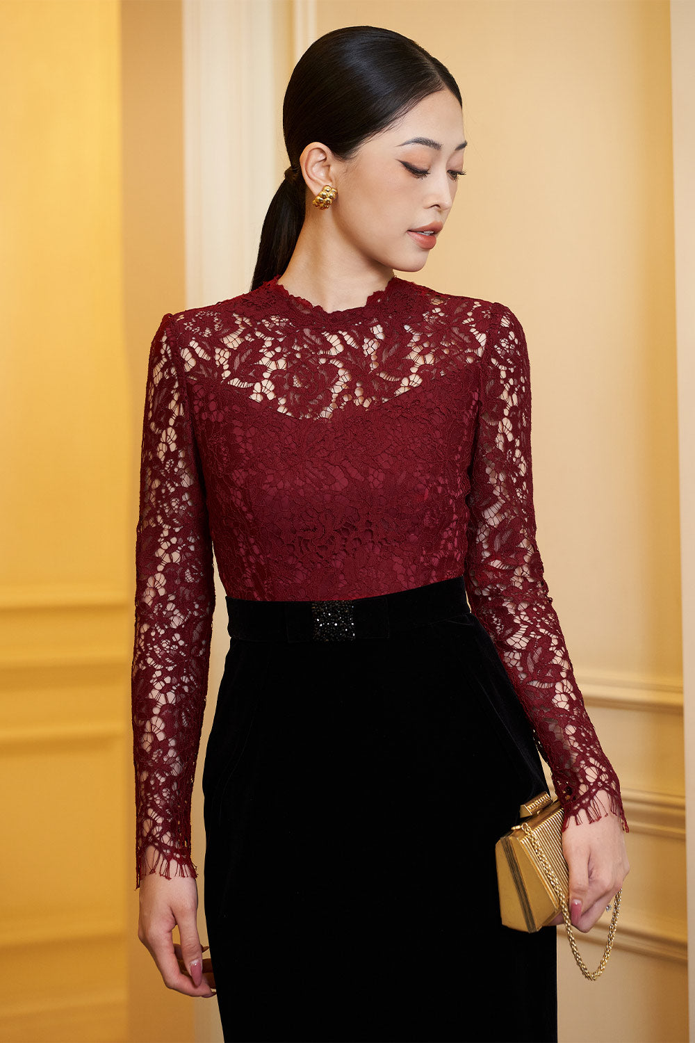 Women's Gracie Pencil Lace Velvet Calf Length Dress S/M/L/XL/Customize Black/Red Mean Blvd Black/Red / S Women's Gracie Pencil Lace Velvet Calf Length Dress S/M/L/XL/Customize Black/Red Mean Blvd Black/Red / S