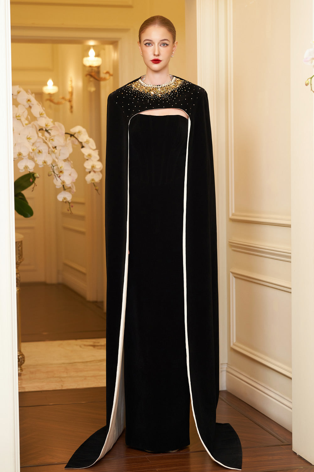 Kallie Sheath Cape Sleeved Velvet Floor Length Set