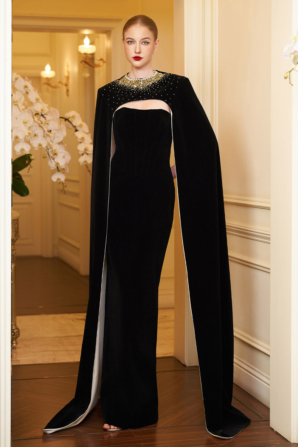 Kallie Sheath Cape Sleeved Velvet Floor Length Set