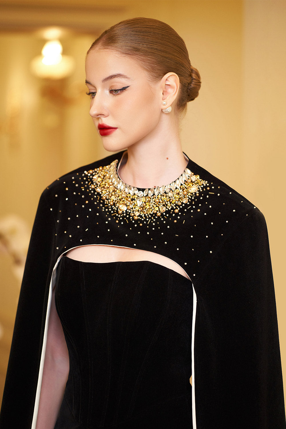 Kallie Sheath Cape Sleeved Velvet Floor Length Set