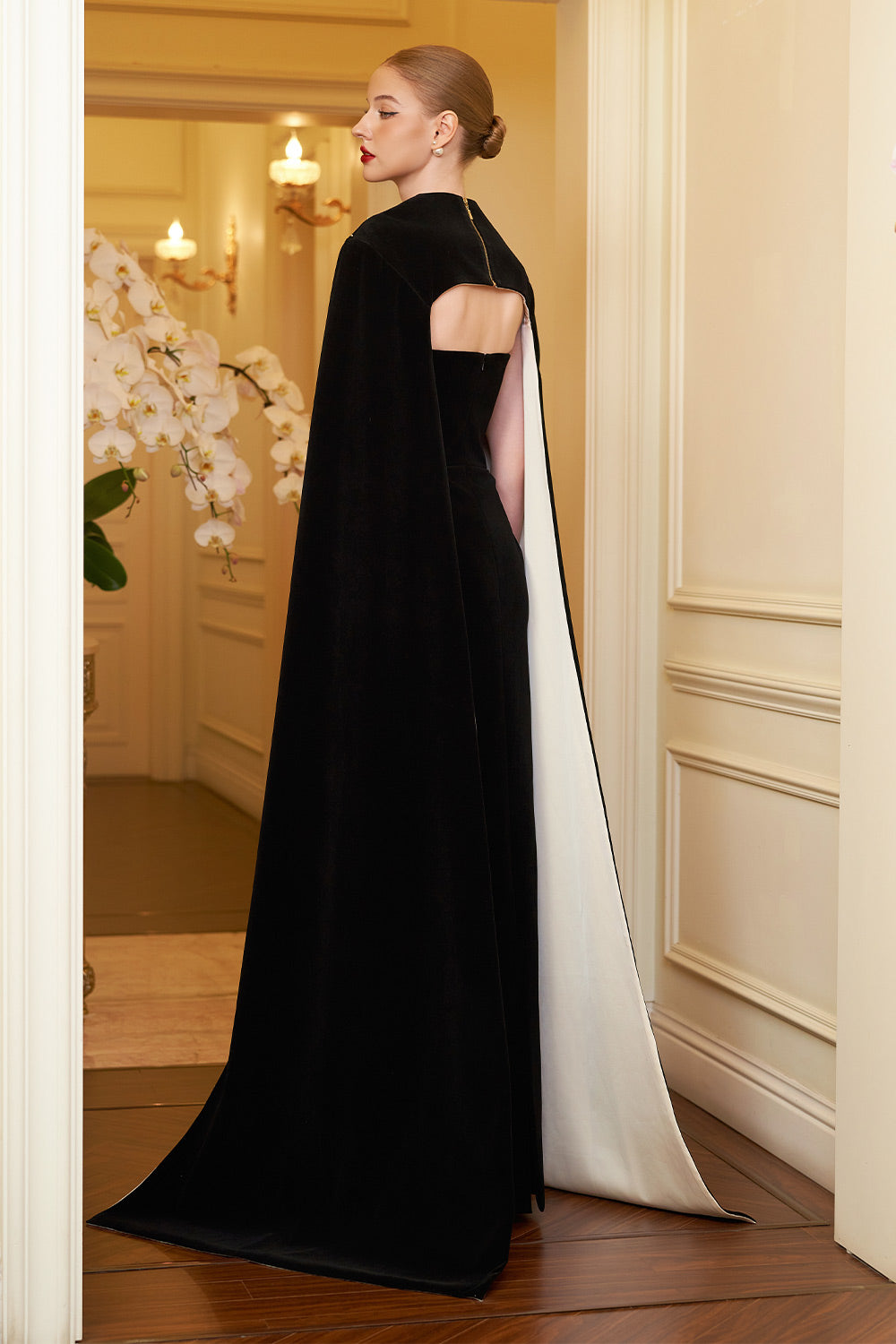 Kallie Sheath Cape Sleeved Velvet Floor Length Set