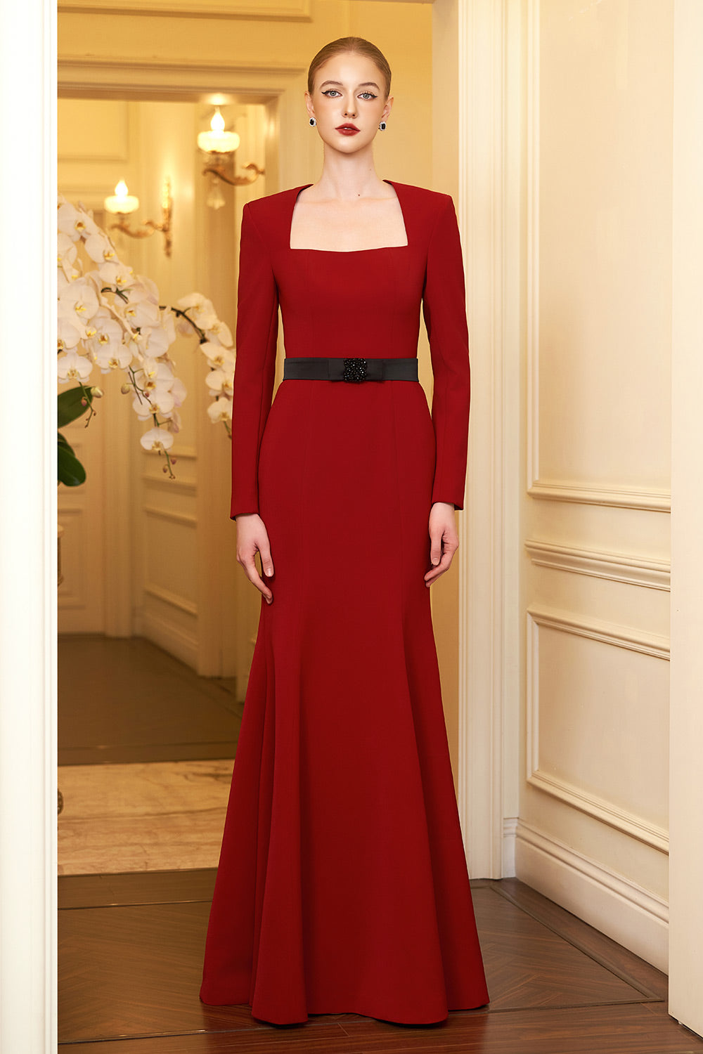 Aarna Trumpet Trapeze Neck Crepe Floor Length Dress