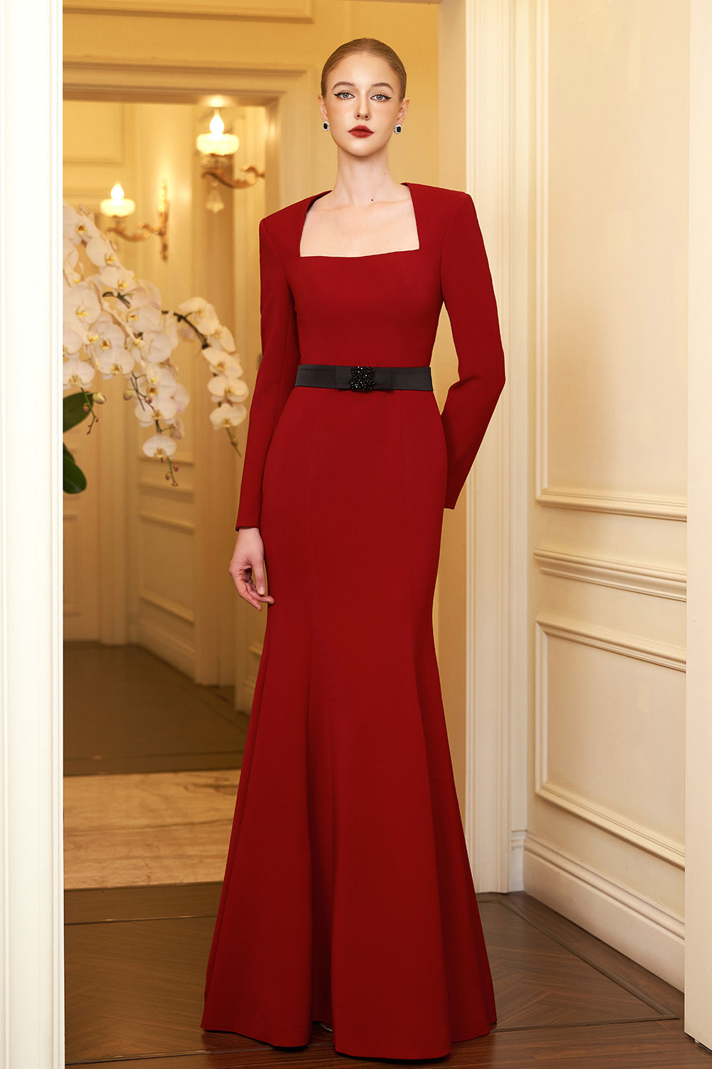 Aarna Trumpet Trapeze Neck Crepe Floor Length Dress