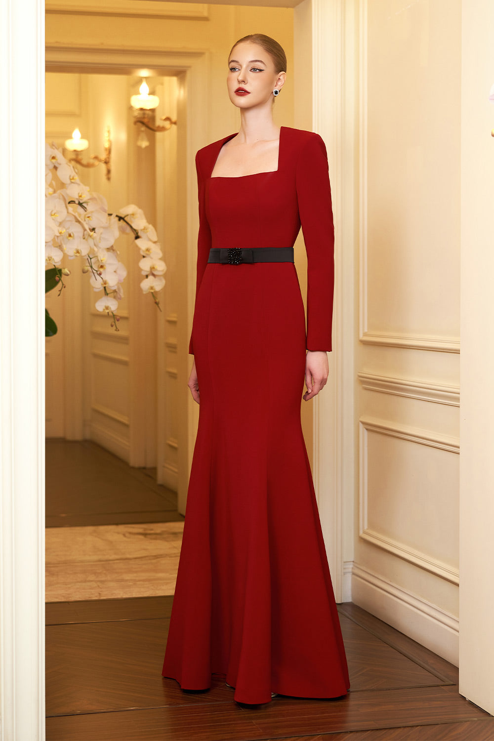 Aarna Trumpet Trapeze Neck Crepe Floor Length Dress