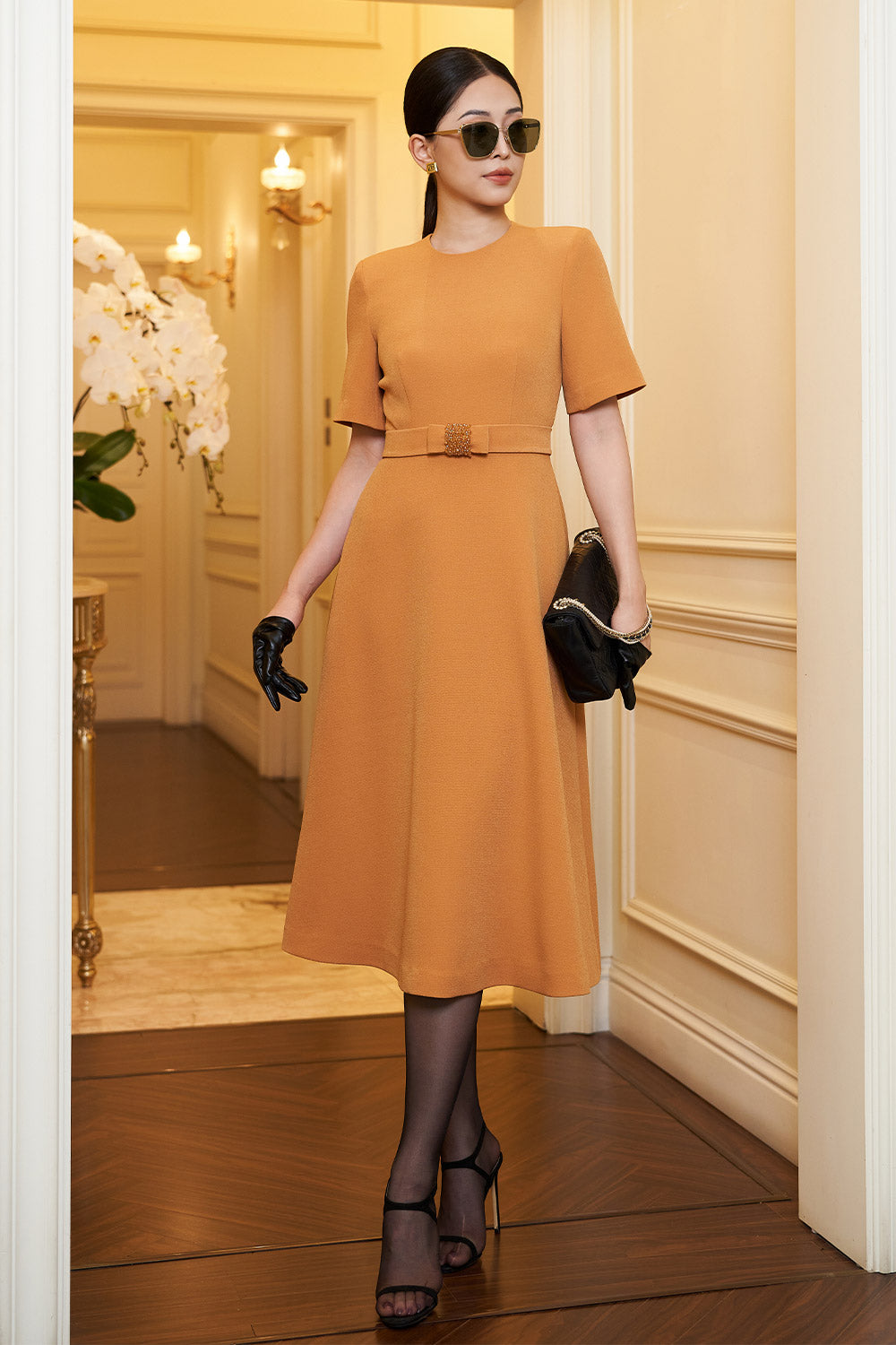 Noemi A-line Short Sleeved Scuba Calf Length Dress