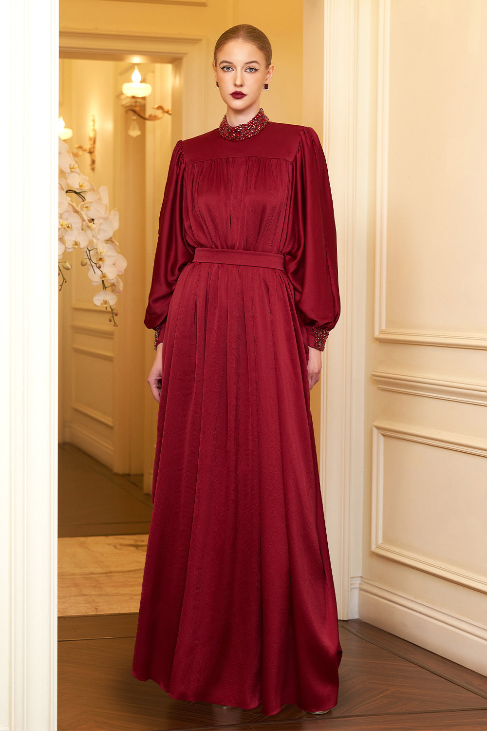 Christina Flared Batwing Sleeved Silk Floor Length Dress