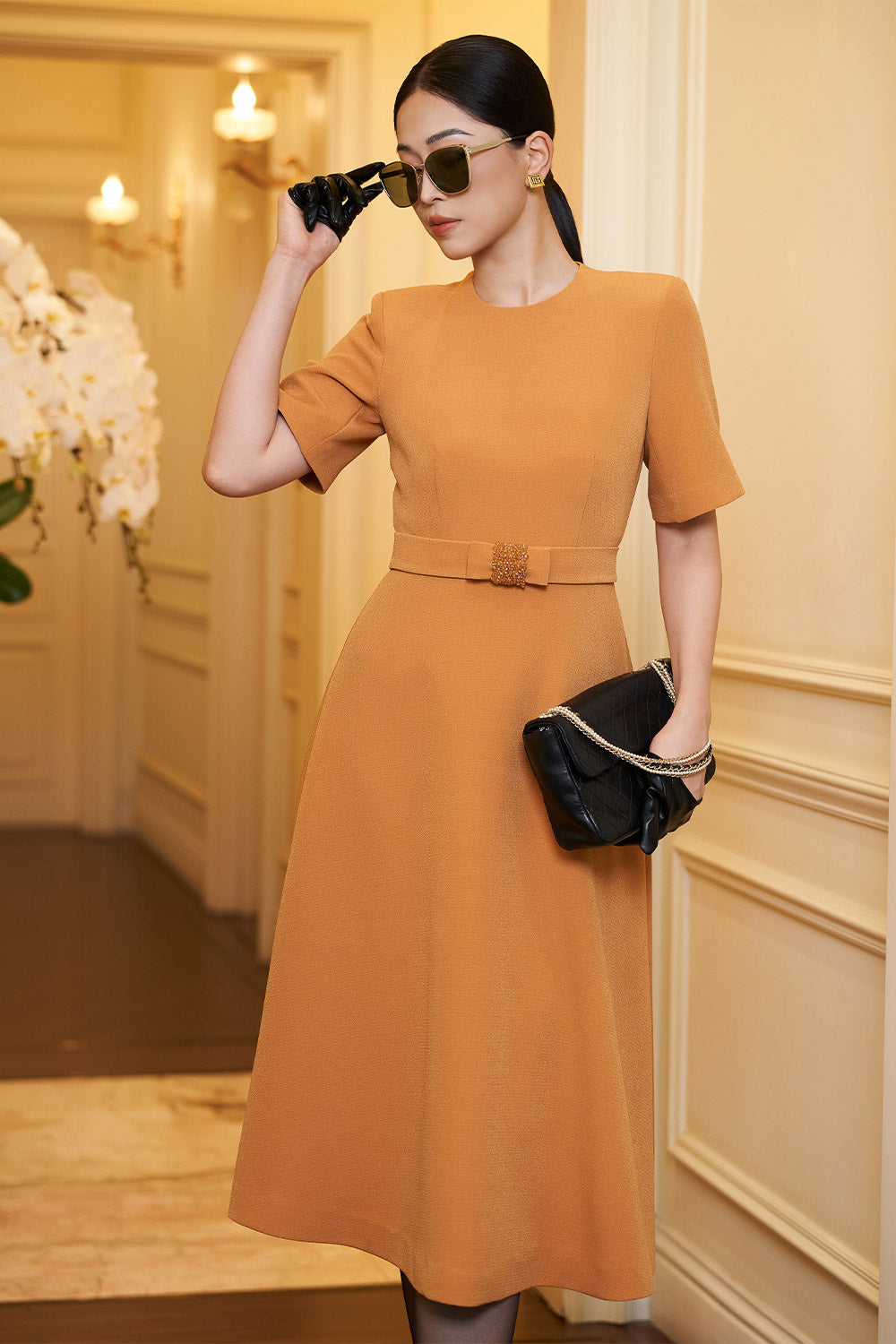 Noemi A-line Short Sleeved Scuba Calf Length Dress