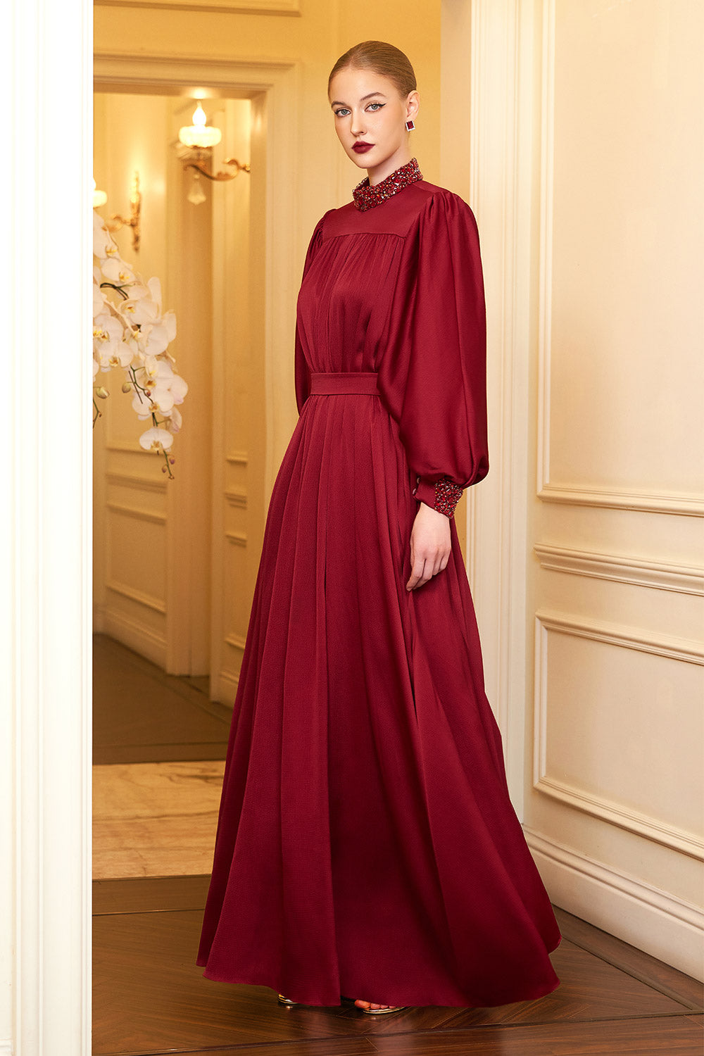 Women's Christina Flared Batwing Sleeved Silk Floor Length Dress XS/S/M/L/XL/XXL/Customize Deep Red MEAN BLVD Deep Red / Customize Women's Christina Flared Batwing Sleeved Silk Floor Length Dress XS/S/M/L/XL/XXL/Customize Deep Red MEAN BLVD Deep Red / Customize