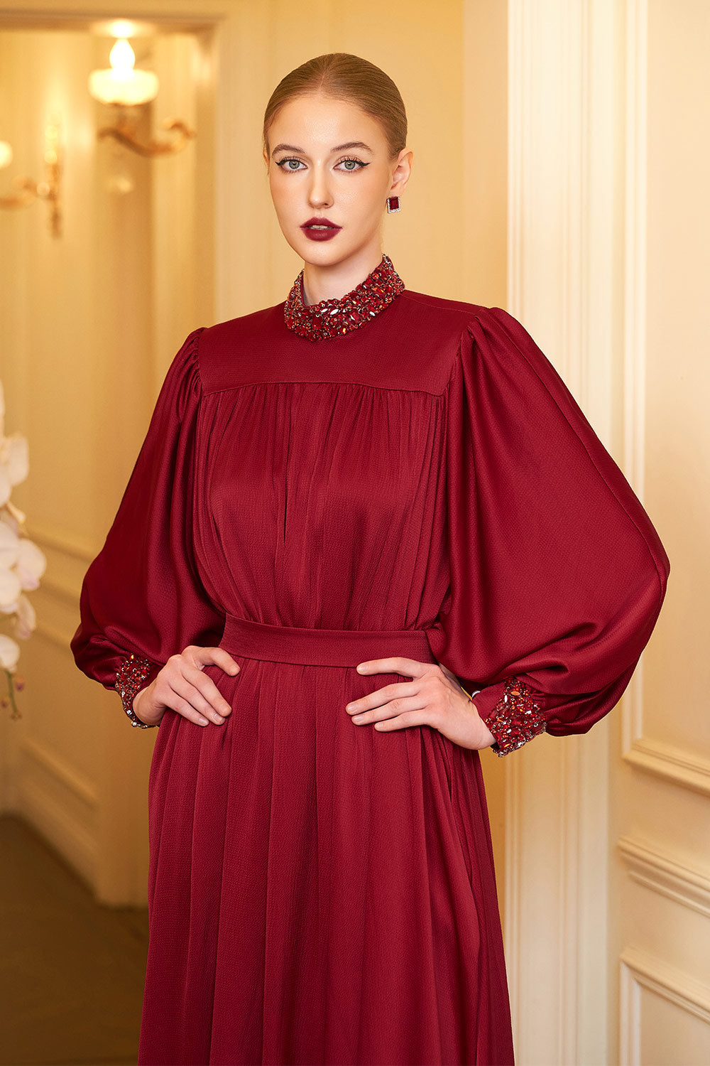 Christina Flared Batwing Sleeved Silk Floor Length Dress