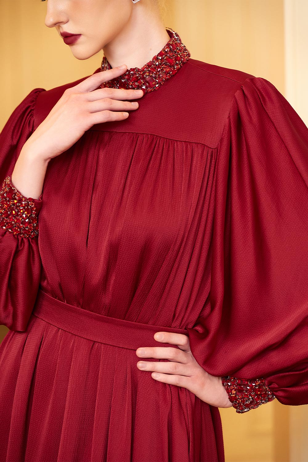 batwing red dress Women's Christina Flared Batwing Sleeved Silk Floor Length Dress XS/S/M/L/XL/XXL/Customize Deep Red MEAN BLVD Deep Red / Customize