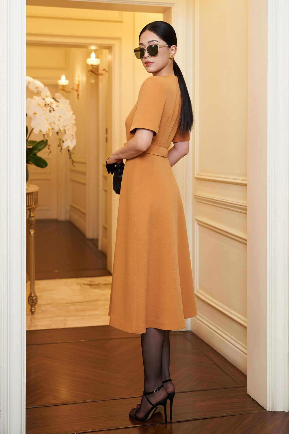 Noemi A-line Short Sleeved Scuba Calf Length Dress