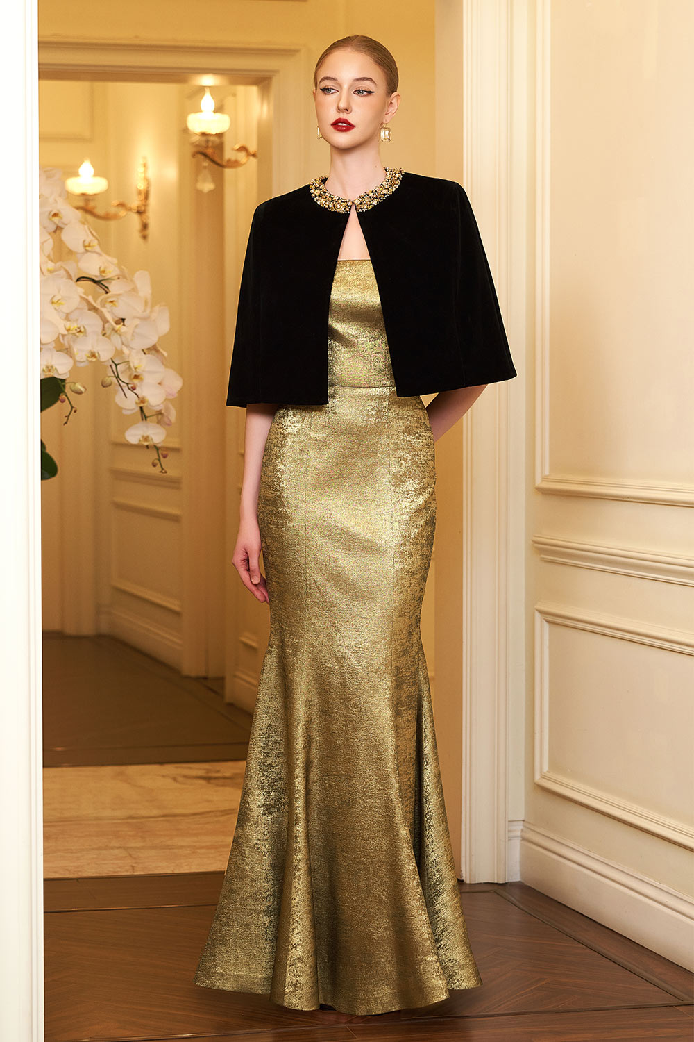 Vera Mermaid Cape Shoulder Silk Floor Length Set