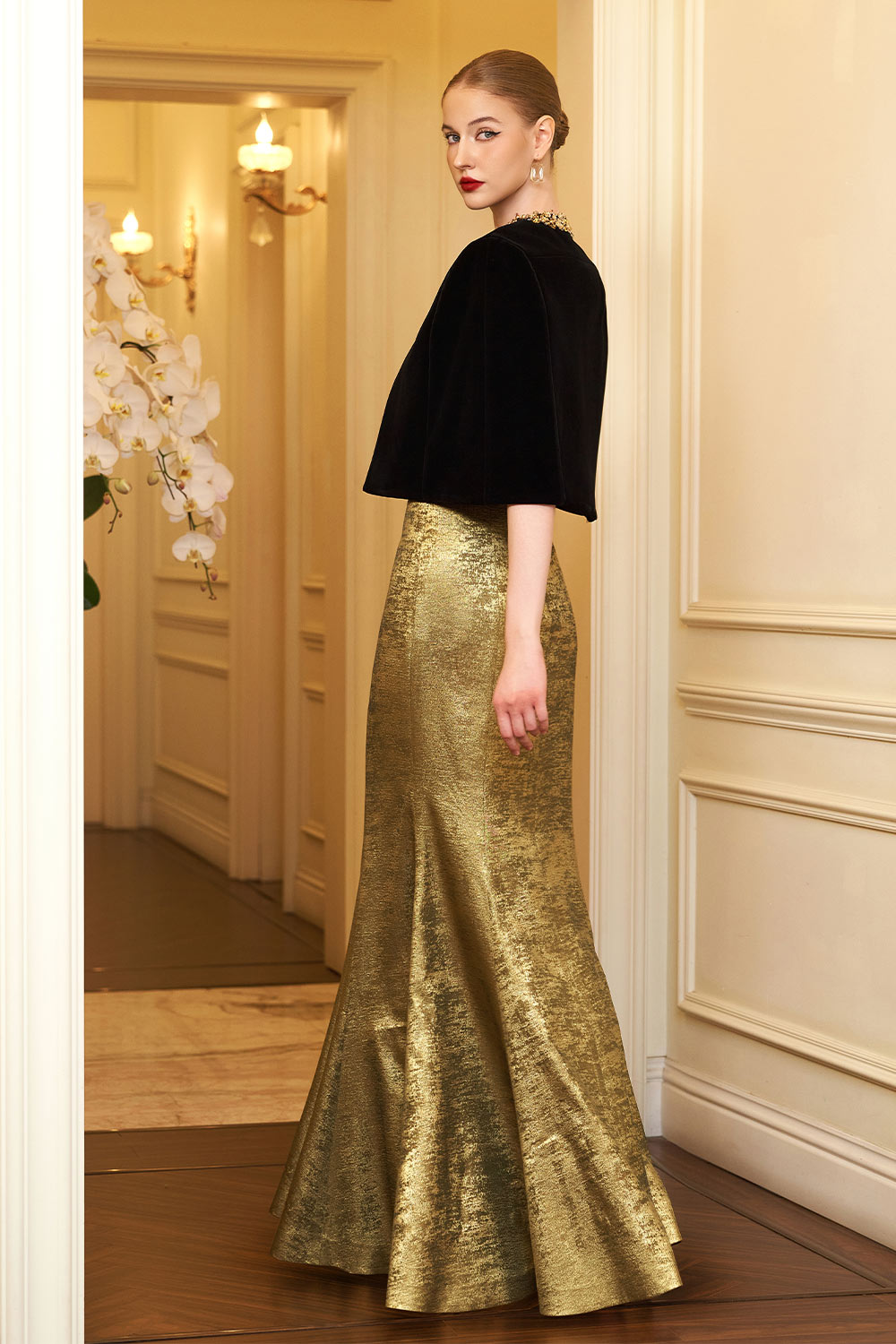 Vera Mermaid Cape Shoulder Silk Floor Length Set