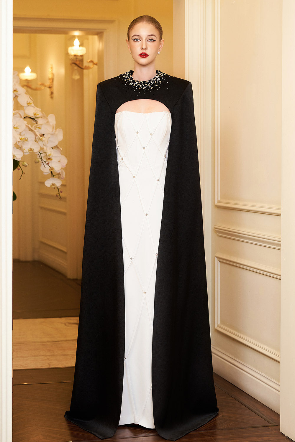 Arya Sheath Cape Shoulder Silk Crepe Floor Length Set