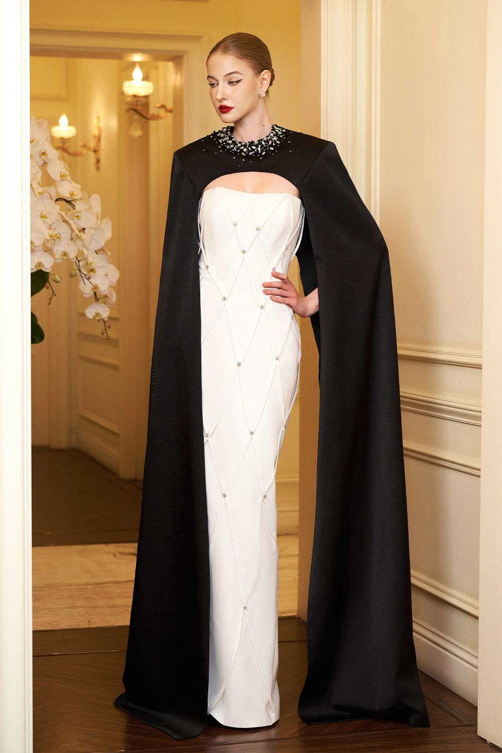 Arya Sheath Cape Shoulder Silk Crepe Floor Length Set