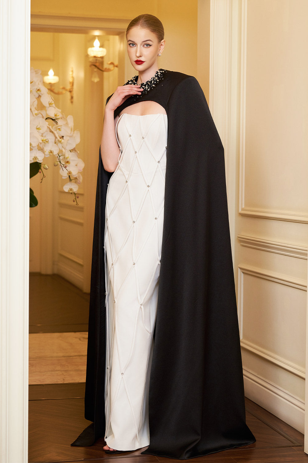 Arya Sheath Cape Shoulder Silk Crepe Floor Length Set