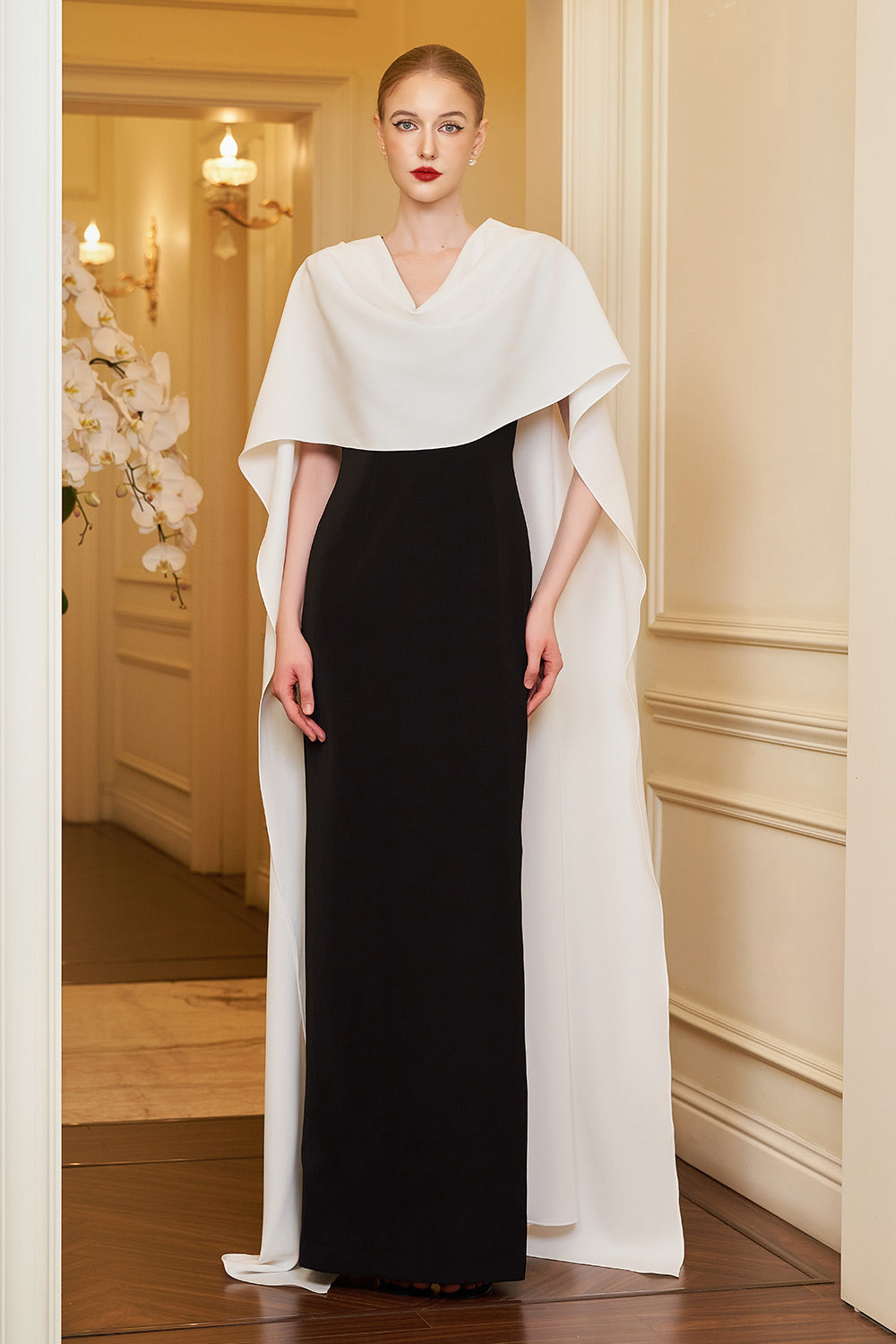 Autumn Cape V-Neck Crepe Floor Length Dress