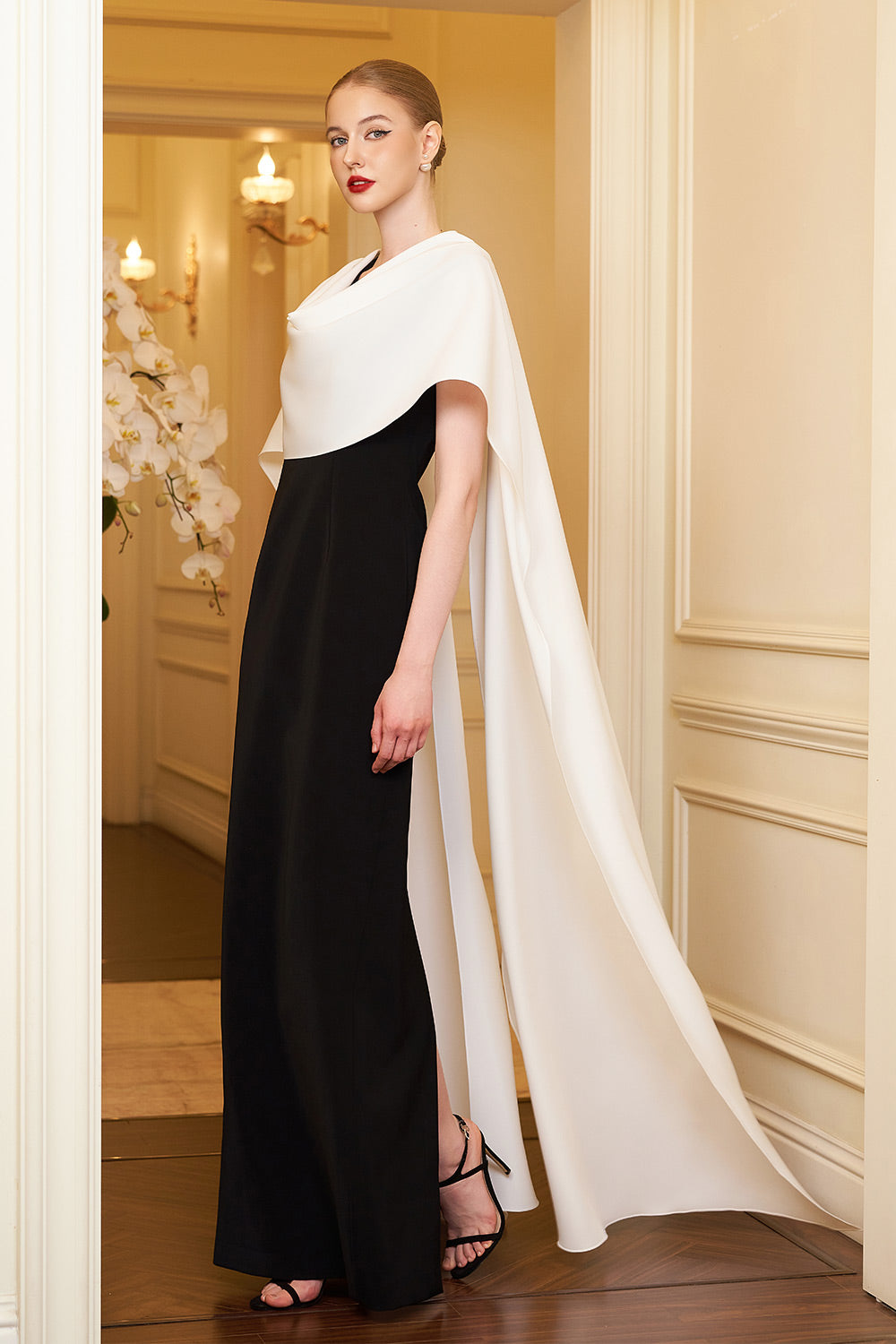 Autumn Cape V-Neck Crepe Floor Length Dress