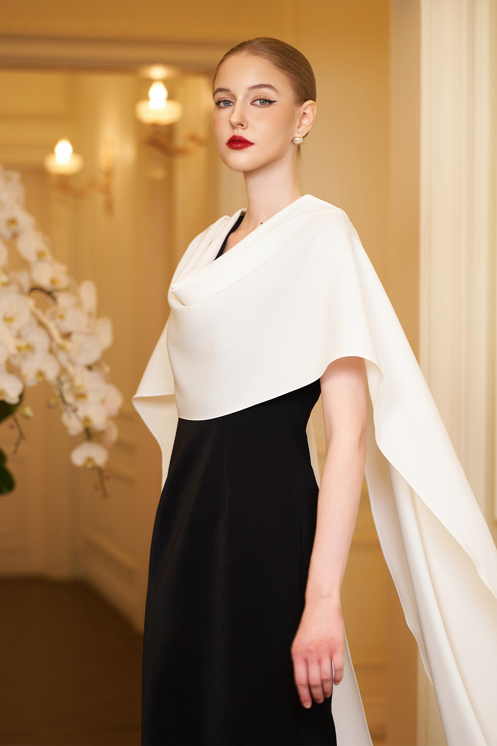 Autumn Cape V-Neck Crepe Floor Length Dress