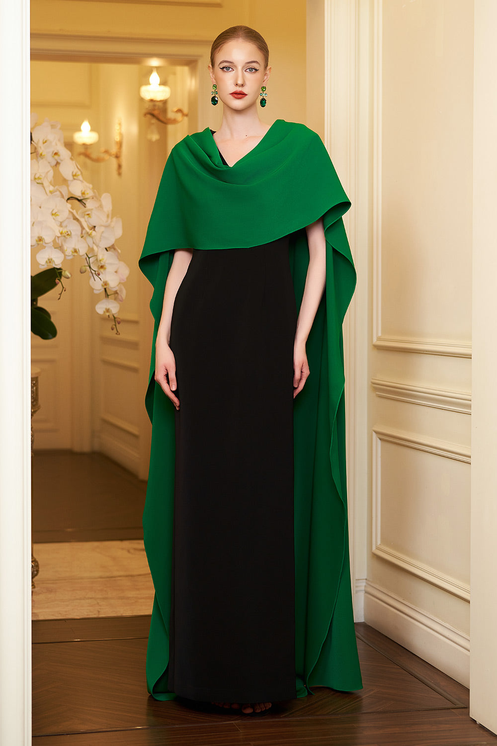 Autumn Cape V-Neck Crepe Floor Length Dress