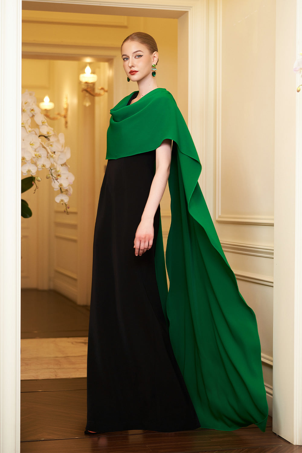 Autumn Cape V-Neck Crepe Floor Length Dress