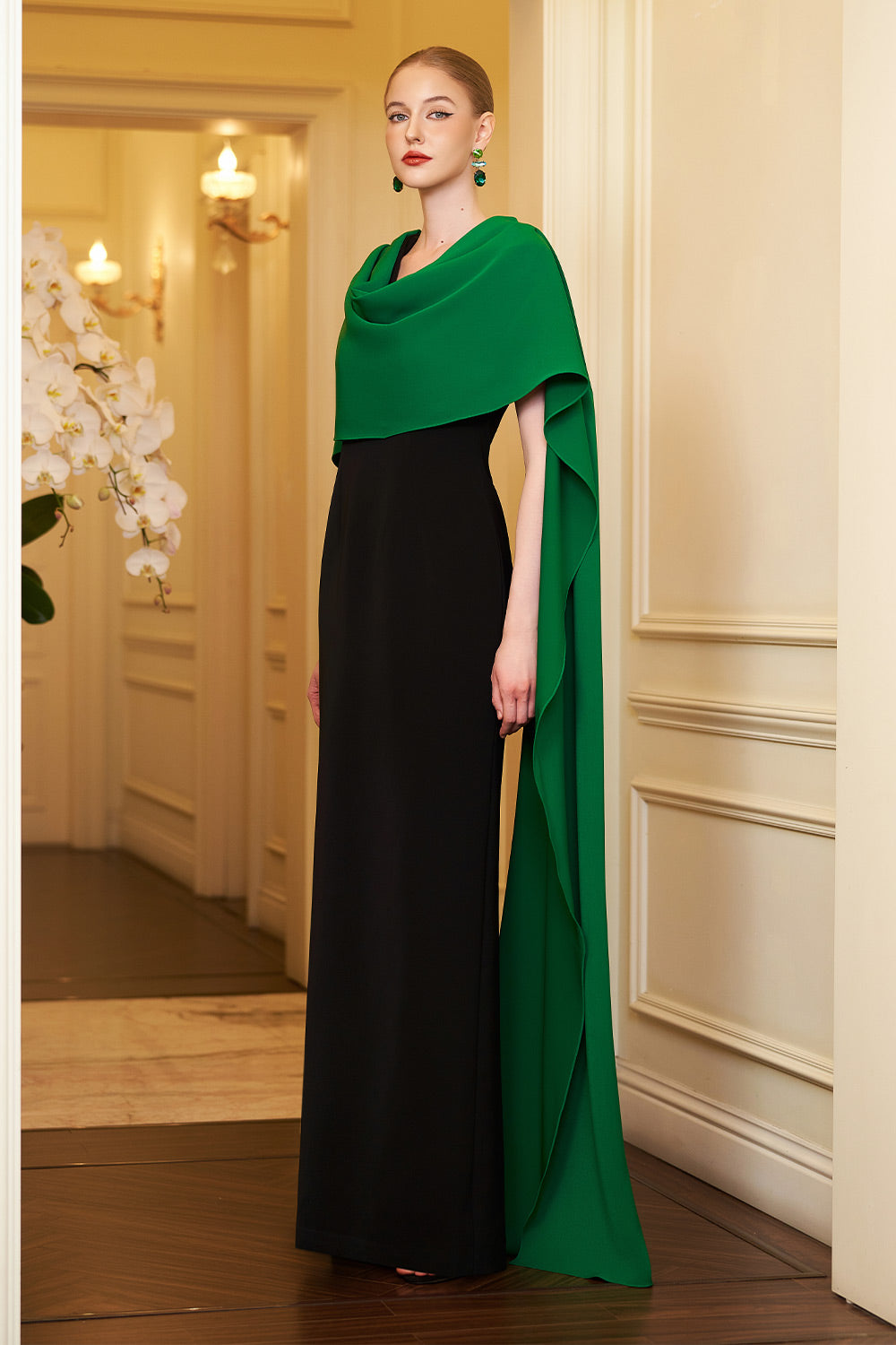 Autumn Cape V-Neck Crepe Floor Length Dress
